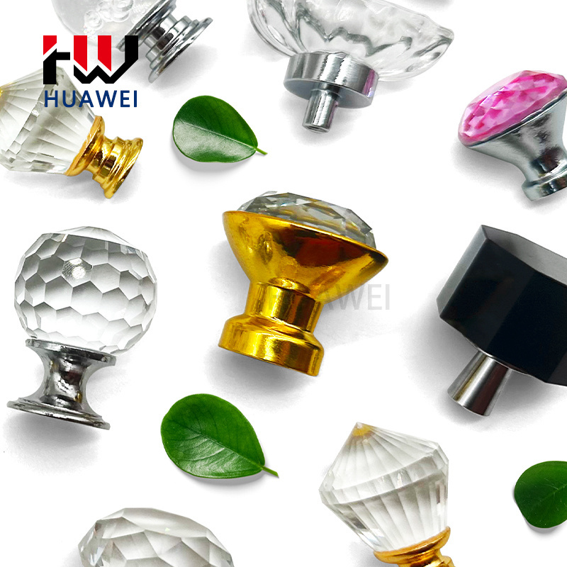 HUAWEI Simple Single Hole Door Knobs Gold Base Drawer Wardrobe Cabinet Black Octagon Crystal Handle Furniture Pull