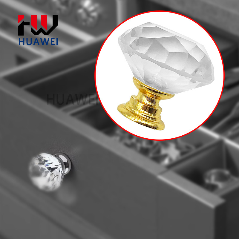 HUAWEI Gold Diamond Crystal Handle 30mm European American Cabinet Door Wardrobe Single Hole Knob Drawer Furniture Handle