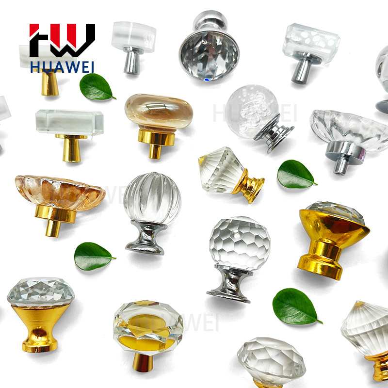 HUAWEI Cabinet Door Drawer Wardrobe Modern Luxury Single Hole Small Handle Brass Alloy Crystal Glass Clear Handles Knob