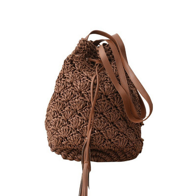 Women Brown Fringe Straw Handbag Summer Beach Bucket Bag Drawstring Closure Handmade Paper straw Bag