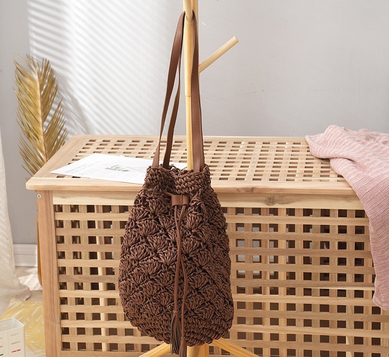 Women Brown Fringe Straw Handbag Summer Beach Bucket Bag Drawstring Closure Handmade Paper straw Bag