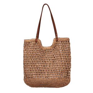 Vintage Women Handmade Woven Straw Shoulder Bag Solid Color PU Handle Tote Handbags Boho Hollow Out Crochet Bag for Summer Beach