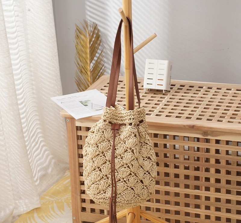 Women Brown Fringe Straw Handbag Summer Beach Bucket Bag Drawstring Closure Handmade Paper straw Bag