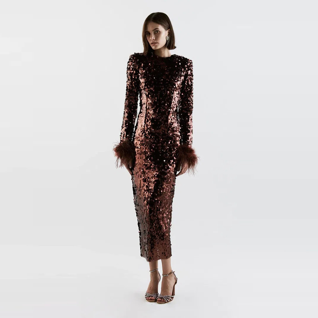 Beads sequined long dress women's ostrich feather sleeve embroidery women evening dresses wrap skirt