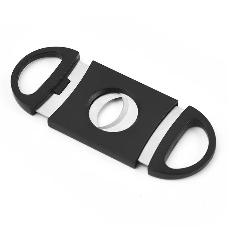 Custom logo black plastic holder stainless steel double blade v cut punch cigar cutter