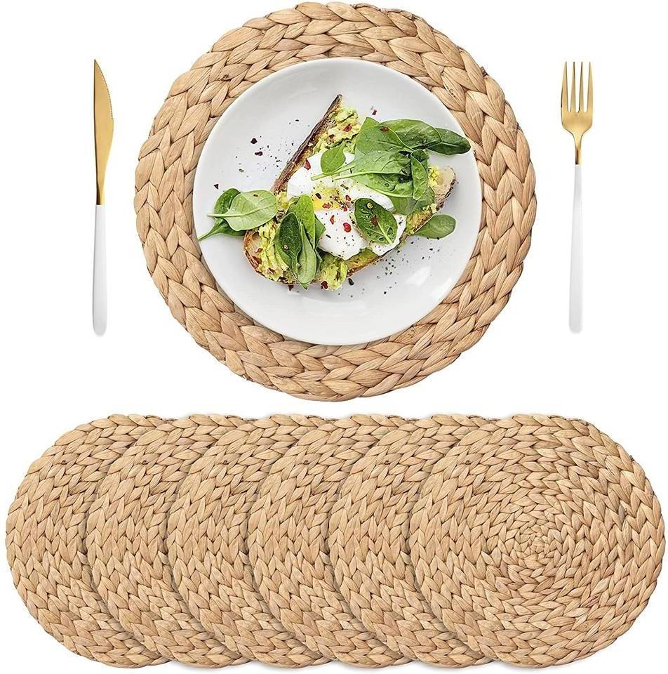 Round Woven Placemats Water hyacinth Place Mats and Coaster Set Braided Rattan Charger Plates for Wedding Kitchen Dining Table