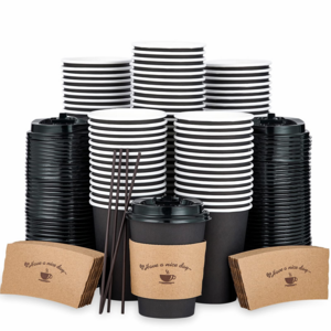 Wholesale  Custom Cup Biodegradable PLA compostable Black Ripple Wall Corrugated Hot Drink Coffee Paper Cups