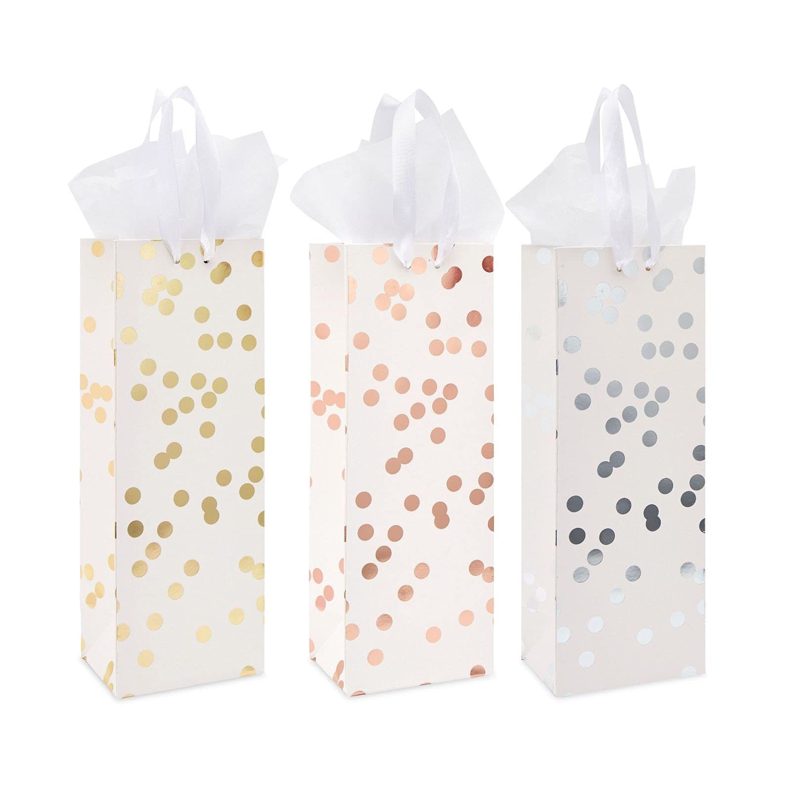 Polka Dot Wine Bottle Gift Bags with Tissue Paper, White and Gold Foil