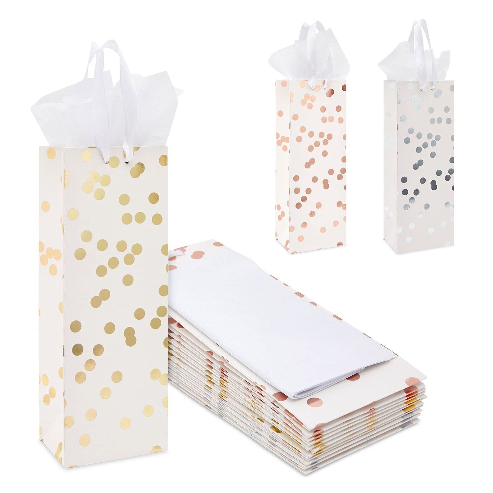 Polka Dot Wine Bottle Gift Bags with Tissue Paper, White and Gold Foil