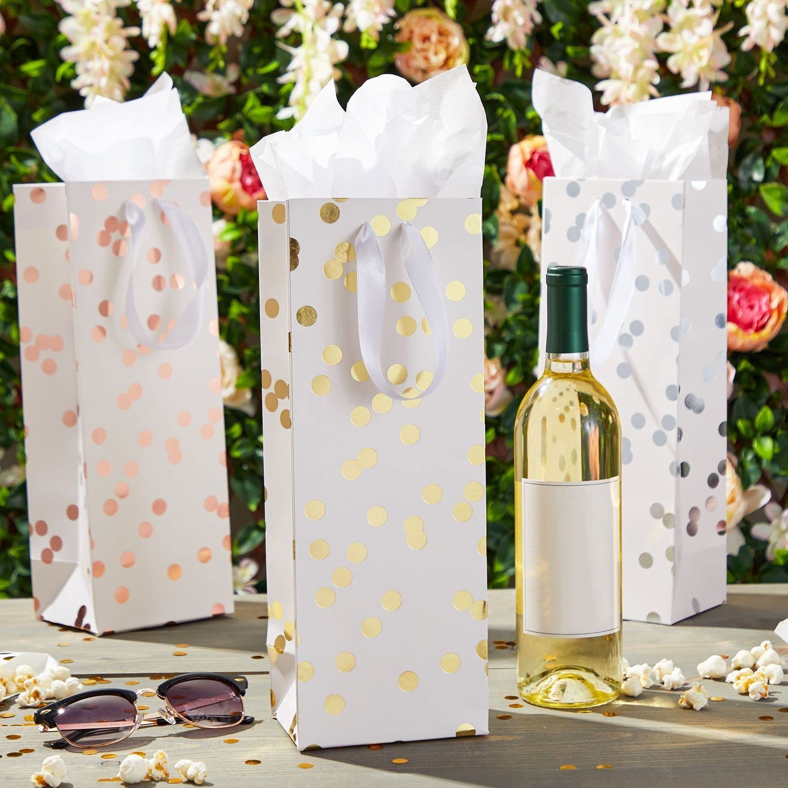 Polka Dot Wine Bottle Gift Bags with Tissue Paper, White and Gold Foil