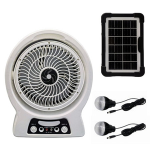 8 Inch Portable Solar rechargeable Fan Table Fan with Power Bank Function and Led Light Bulbs Desk Fan for Home