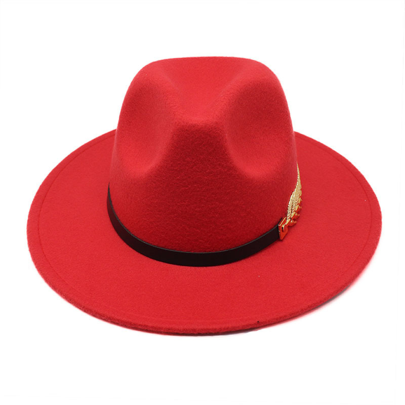 Wholesale Vintage British Style Lady Wide Flat Brim Jazz Cap With Chain Felt Classic Simple Top Elegant Woolen Fedora Men Hat