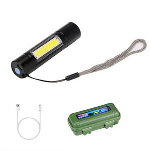 USB Charging Powerful Flashlight XPE COB LED Flash Light Zoomable Tactical Torch Lamp+Battery+Box