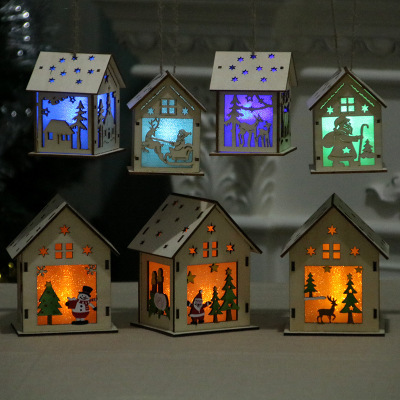 Christmas Wooden Hanging Log Cabin With Warm LED Lights Christmas Ornaments Wood Glowing Castle Lamp New Year Gifts Kids Toys