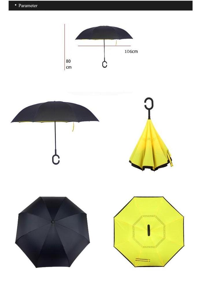 Windproof Reverse Folding Double Layer Inverted Umbrella women Self Stand Rain Protection C-Hook Hands For Car