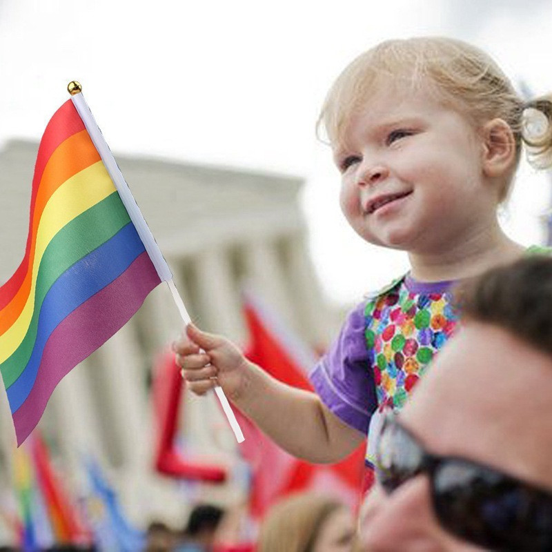 Rainbow Gay Pride Stick Flag 5x8 inch Hand Mini Flag waving flags handhold using with gold Top