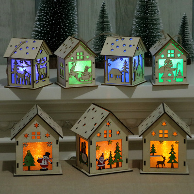 Christmas Wooden Hanging Log Cabin With Warm LED Lights Christmas Ornaments Wood Glowing Castle Lamp New Year Gifts Kids Toys