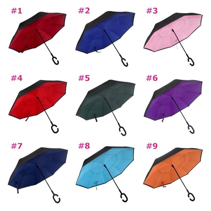 Windproof Reverse Folding Double Layer Inverted Umbrella women Self Stand Rain Protection C-Hook Hands For Car