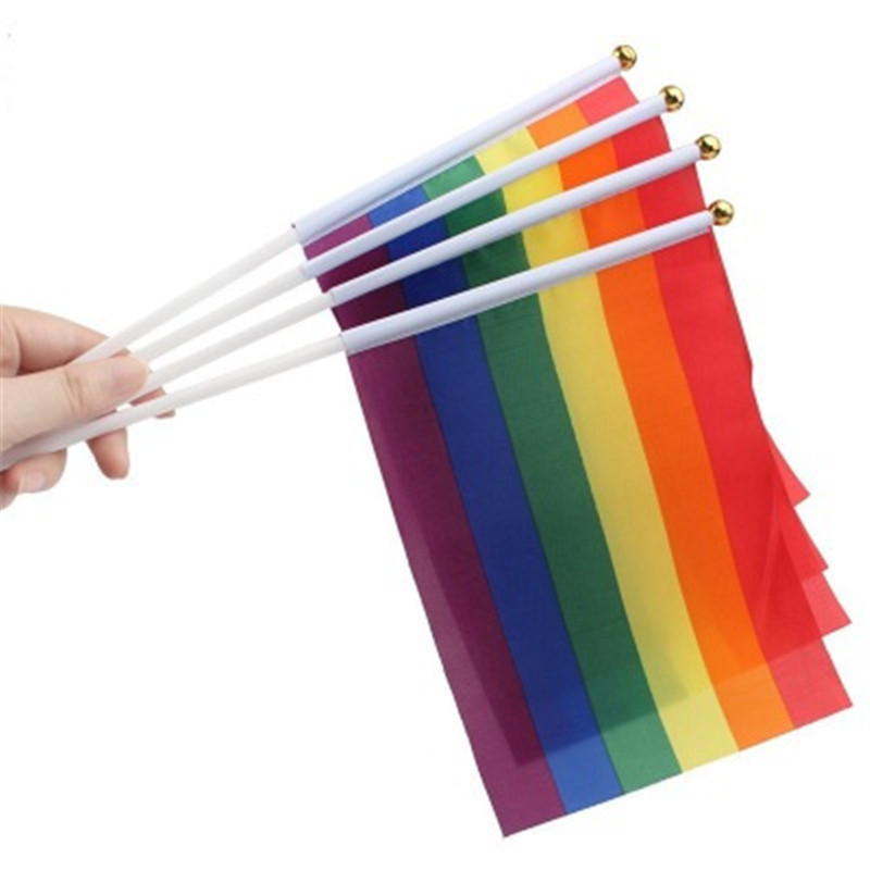 Rainbow Gay Pride Stick Flag 5x8 inch Hand Mini Flag waving flags handhold using with gold Top