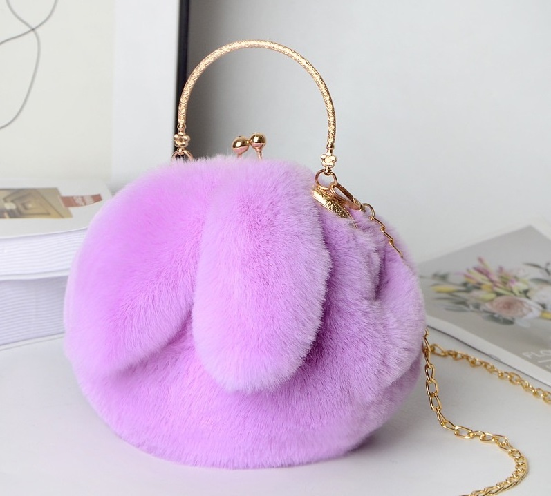 Plush Bag Female Oblique Cross Korean Version Lovely Portable Plush Bag Autumn Winter New Rabbit Ear Clip Mouth Bag