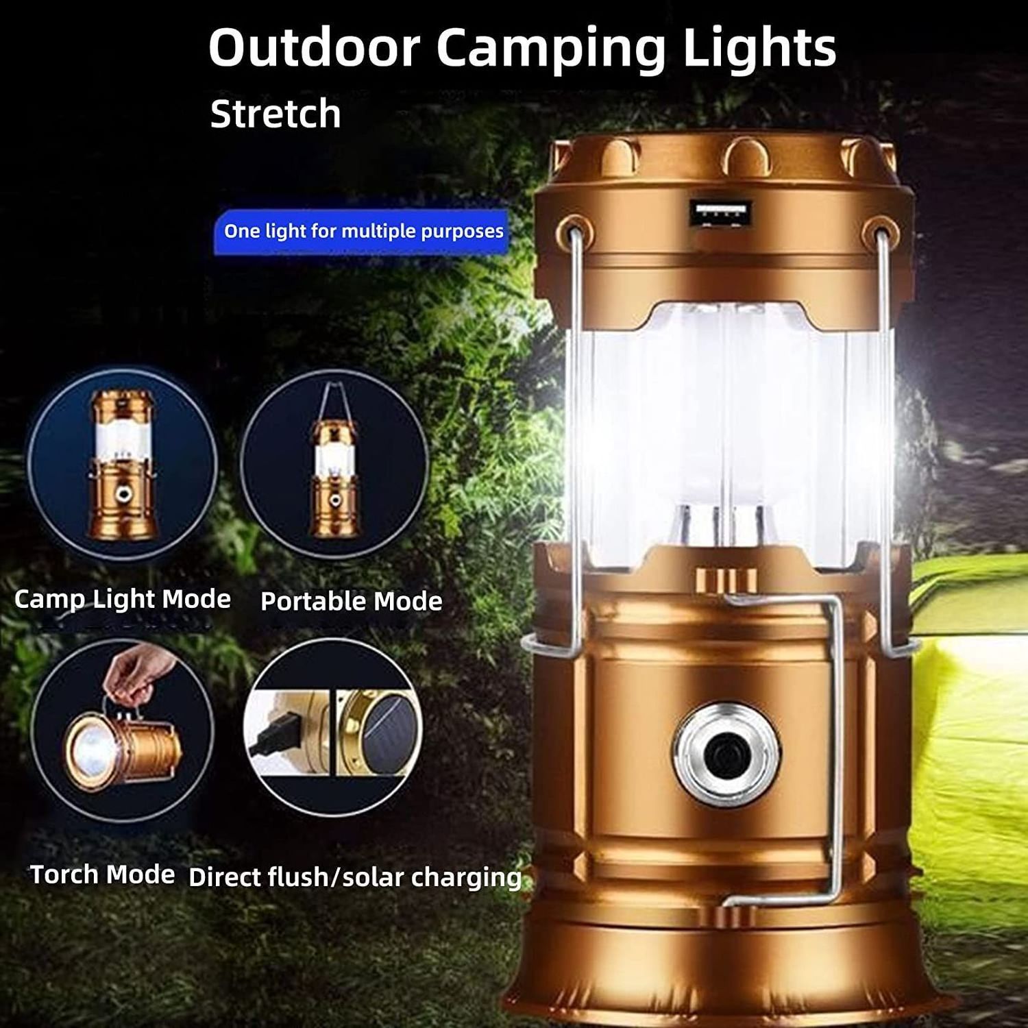 Rechargeable Solar Power LED Telescopic Flashlight Portable Emergency Camping Lantern For Outdoor Hiking Tent Handing Light