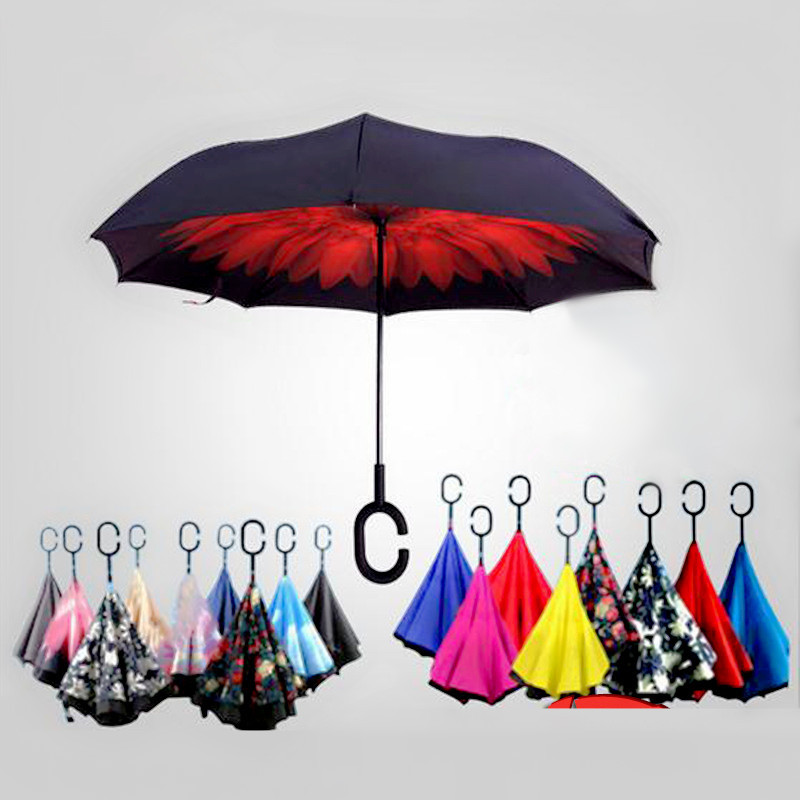 Windproof Reverse Folding Double Layer Inverted Umbrella women Self Stand Rain Protection C-Hook Hands For Car