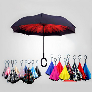 Windproof Reverse Folding Double Layer Inverted Umbrella women Self Stand Rain Protection C-Hook Hands For Car