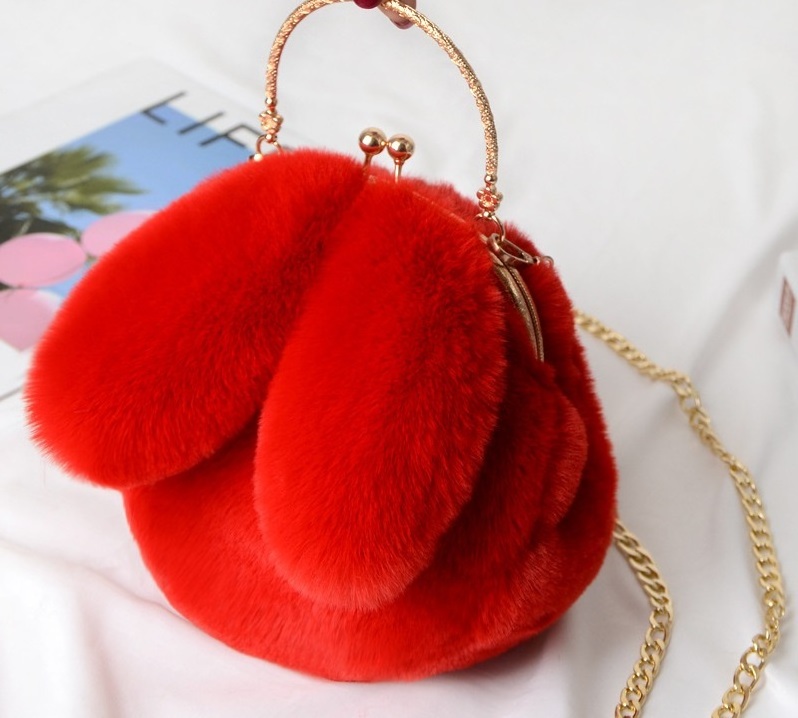 Plush Bag Female Oblique Cross Korean Version Lovely Portable Plush Bag Autumn Winter New Rabbit Ear Clip Mouth Bag