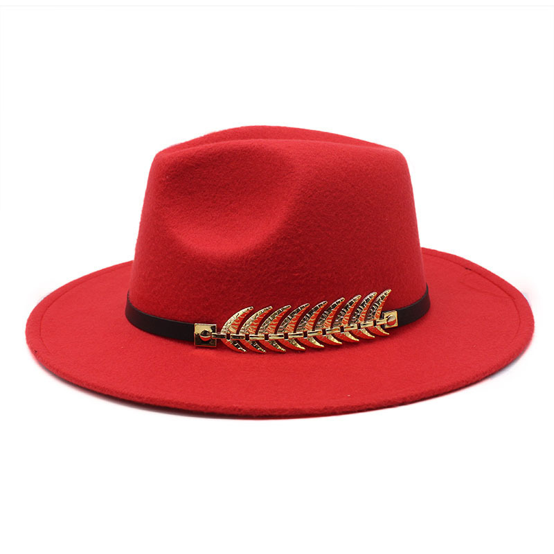 Wholesale Vintage British Style Lady Wide Flat Brim Jazz Cap With Chain Felt Classic Simple Top Elegant Woolen Fedora Men Hat