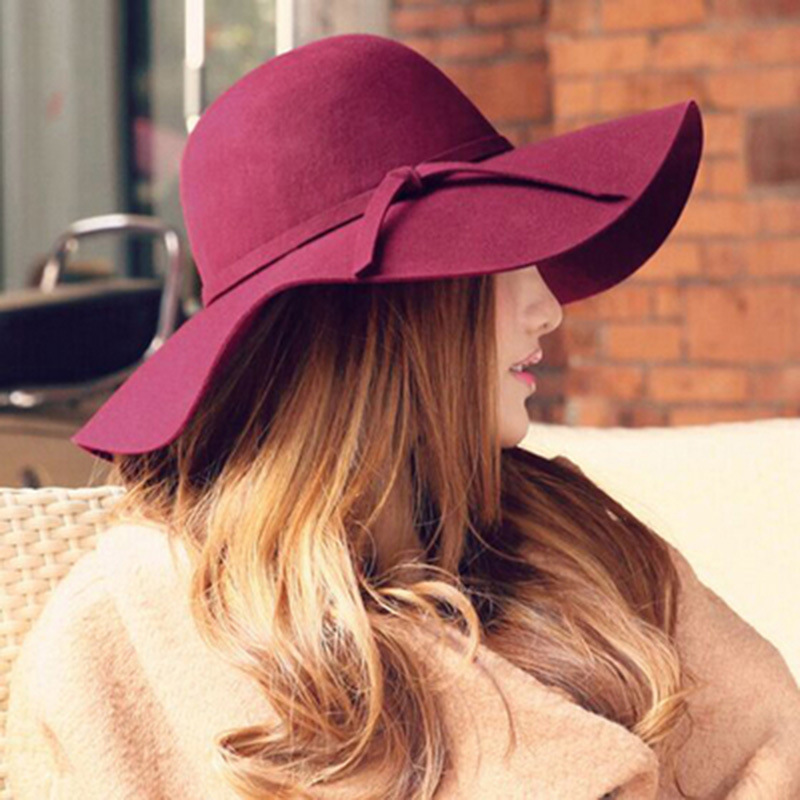 Autumn and winter vintage ladies wide-brimmed wool felt hat soft felt bowler hat Bow top hat Cloche