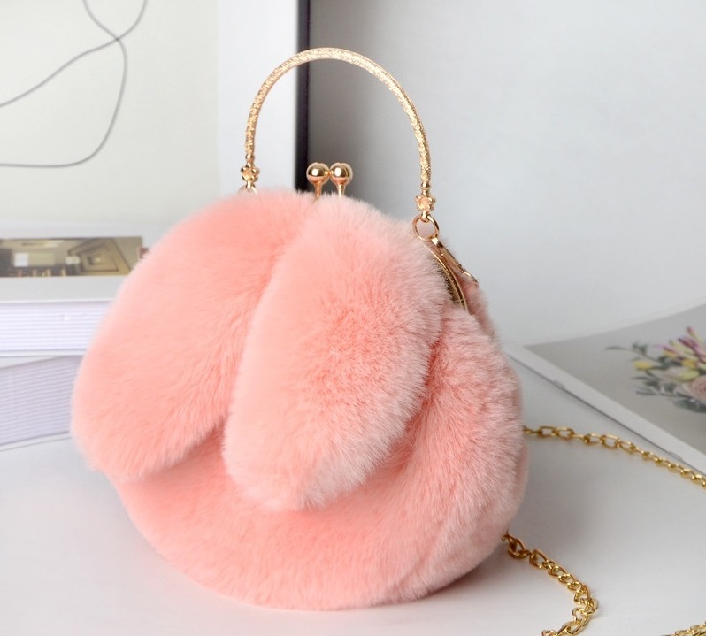 Plush Bag Female Oblique Cross Korean Version Lovely Portable Plush Bag Autumn Winter New Rabbit Ear Clip Mouth Bag