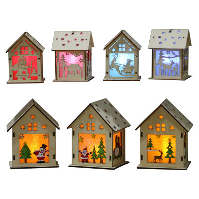 Christmas Wooden Hanging Log Cabin With Warm LED Lights Christmas Ornaments Wood Glowing Castle Lamp New Year Gifts Kids Toys