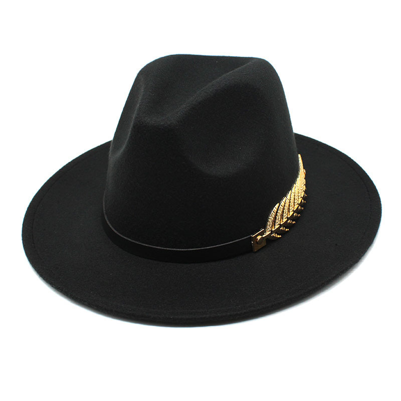 Wholesale Vintage British Style Lady Wide Flat Brim Jazz Cap With Chain Felt Classic Simple Top Elegant Woolen Fedora Men Hat