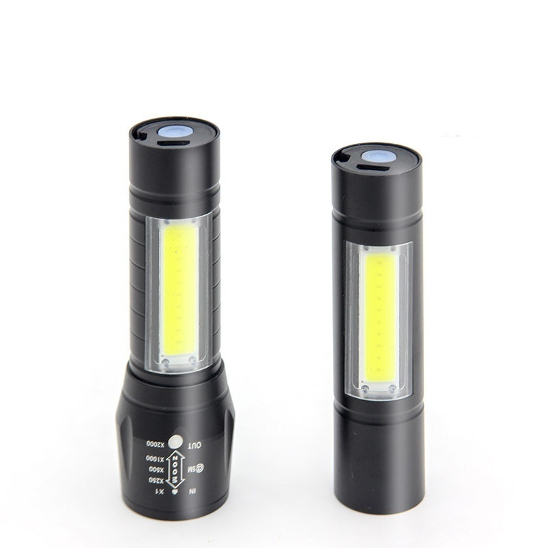 USB Charging Powerful Flashlight XPE COB LED Flash Light Zoomable Tactical Torch Lamp+Battery+Box