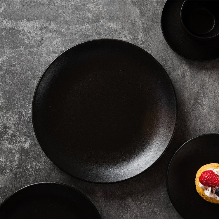 Modern Design Catering Tableware Round Serving Dishes Solid Matte Dinner Plate Restaurant Black Porcelain Plates