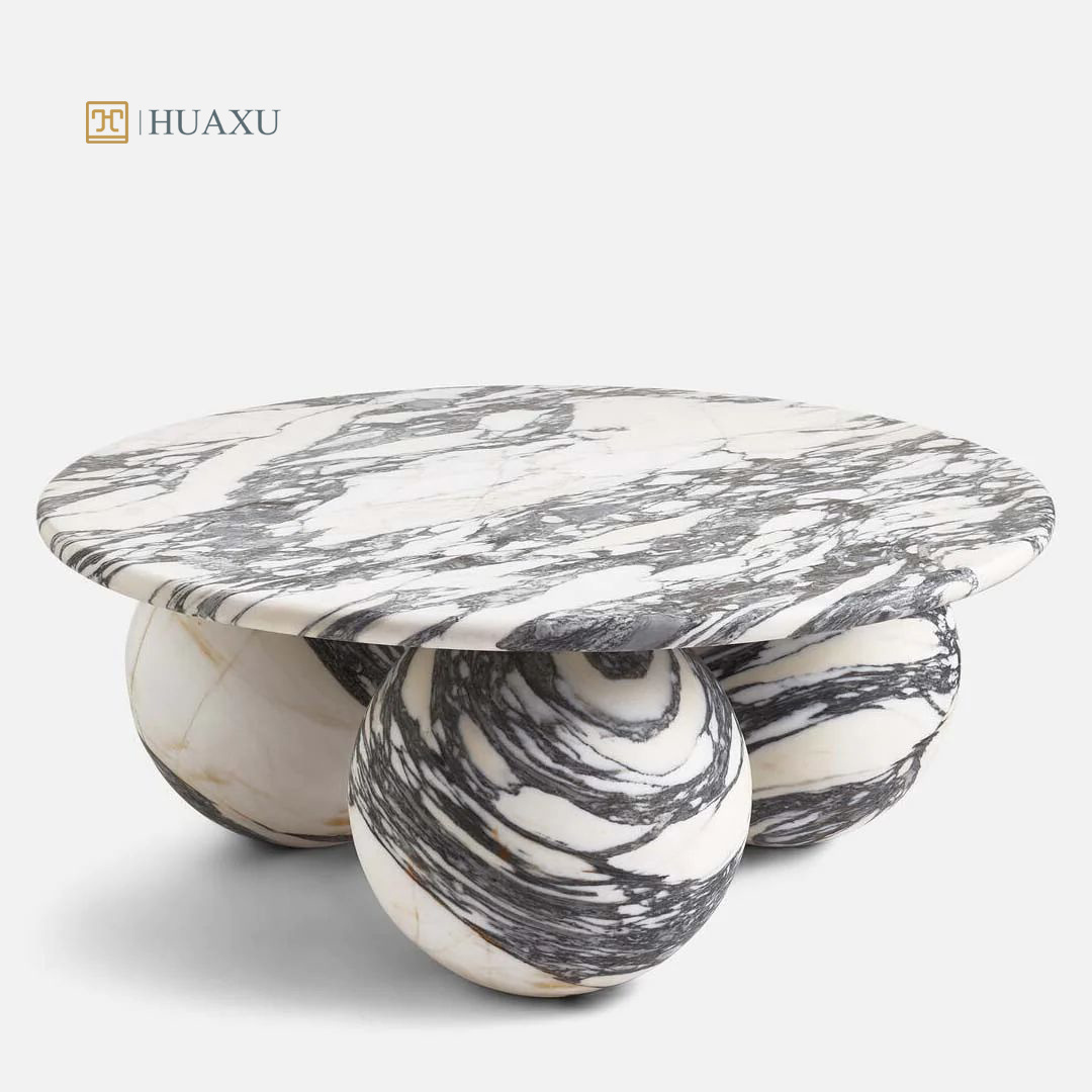 Huaxu Luxury Modern 3 Marble Stone Ball Base Round Arabescato Corchia Marble Coffee Center Table