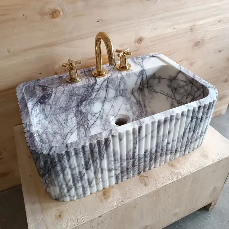 HUAXU Calacatta Viola Marble Double Sink Custom Order Wall Mounted Vanity for Powder Room or Bathroom Wall Mount Bath Washbasin