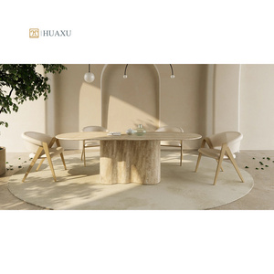 Huaxu New Arrivals Italy Luxurious Natural Stone Large Oval Marble Travertine Stone Dining Table