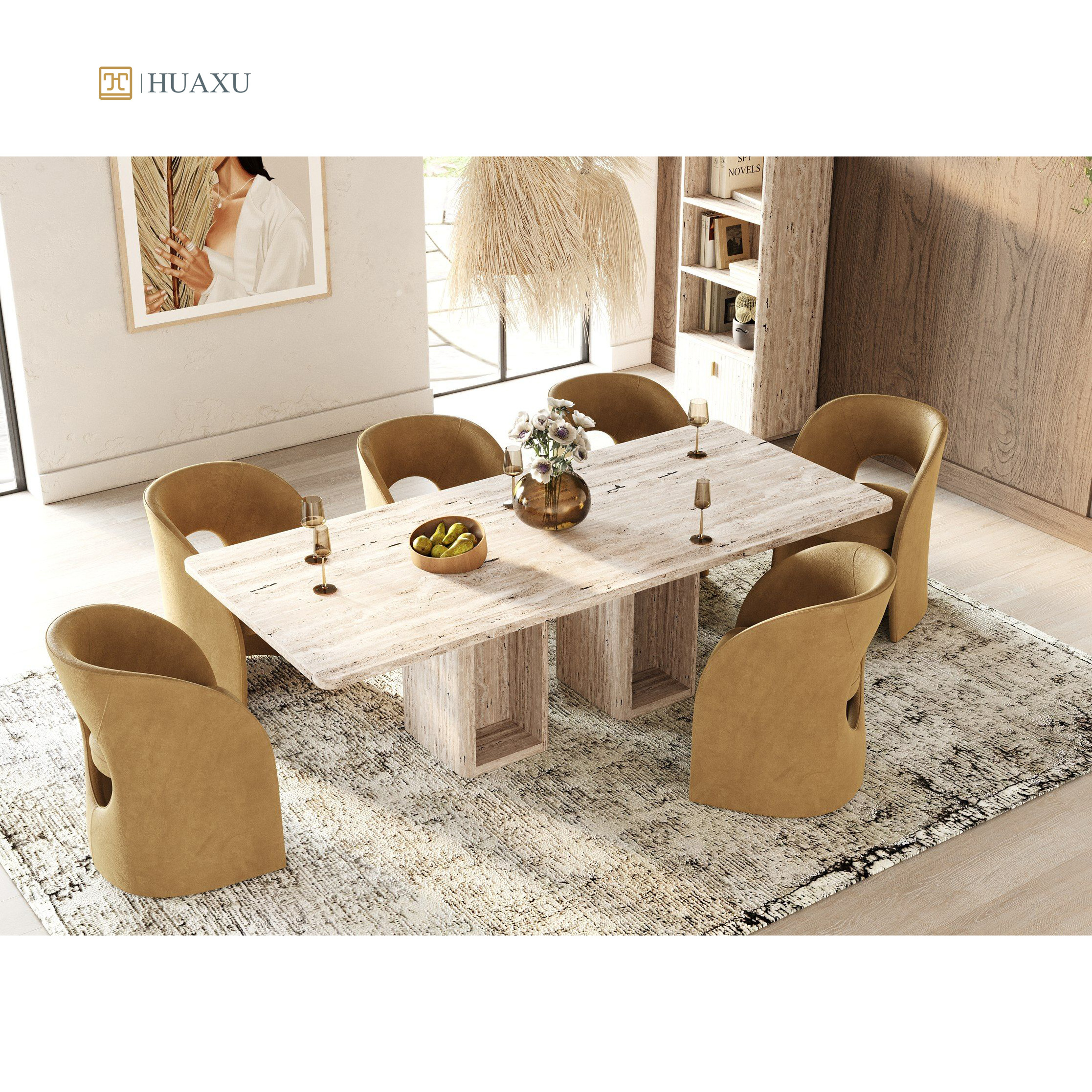 Huaxu 2024 New Design Rome Style Luxury Italy Natural Travertine Marble Stone Rectangle Dining Table