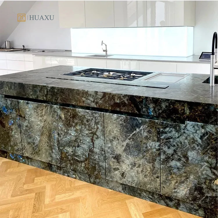 Huaxu Brazil Natural Stone High Grade Luxurious Translucent Jade Blue Lemurian Labradorite Granite Kitchen Island Countertop