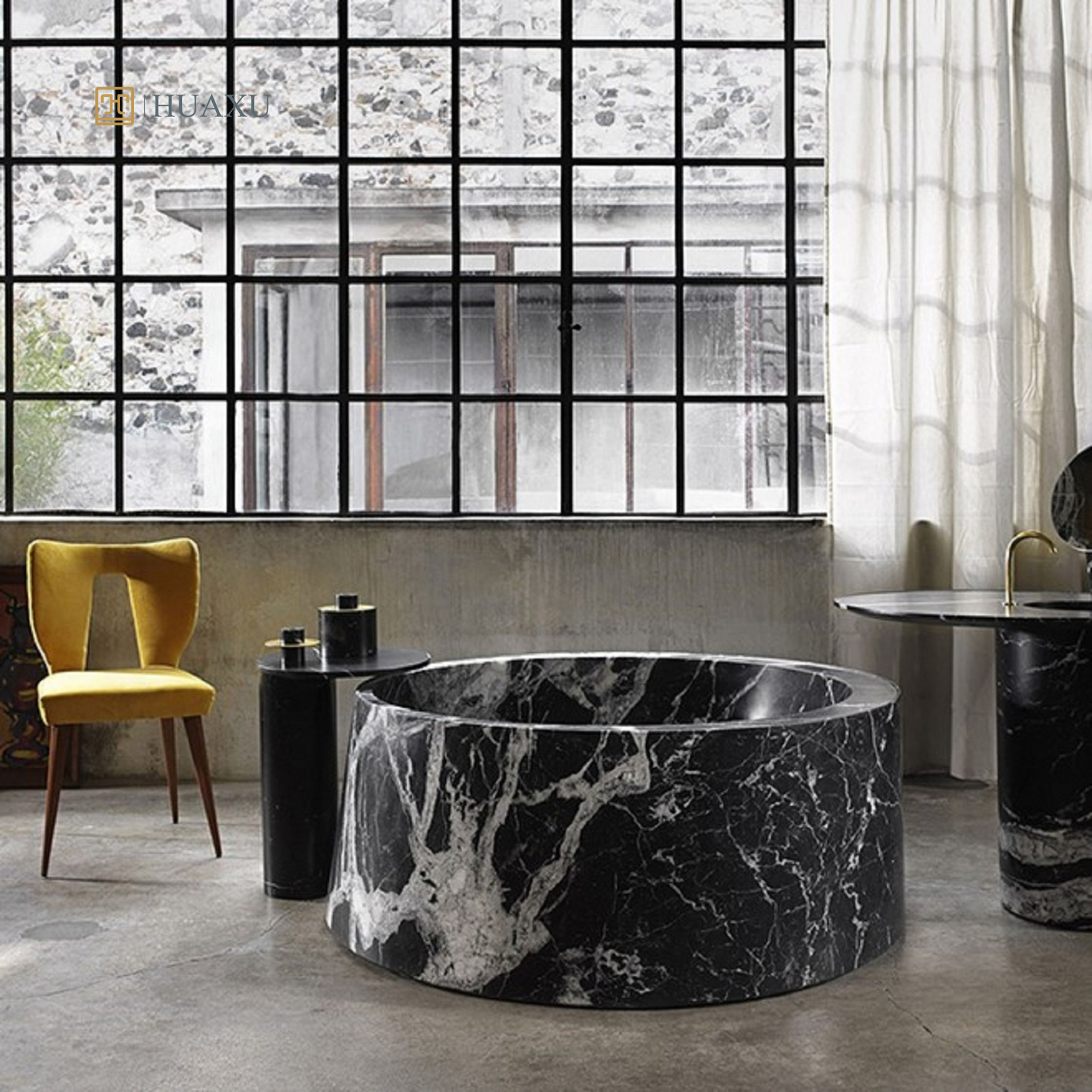 Huaxu Hot Sale Free Standing Round Shape Hand Craved Natural Stone Bath Tub White Veins Black Nero Marquina Marble Bathtub