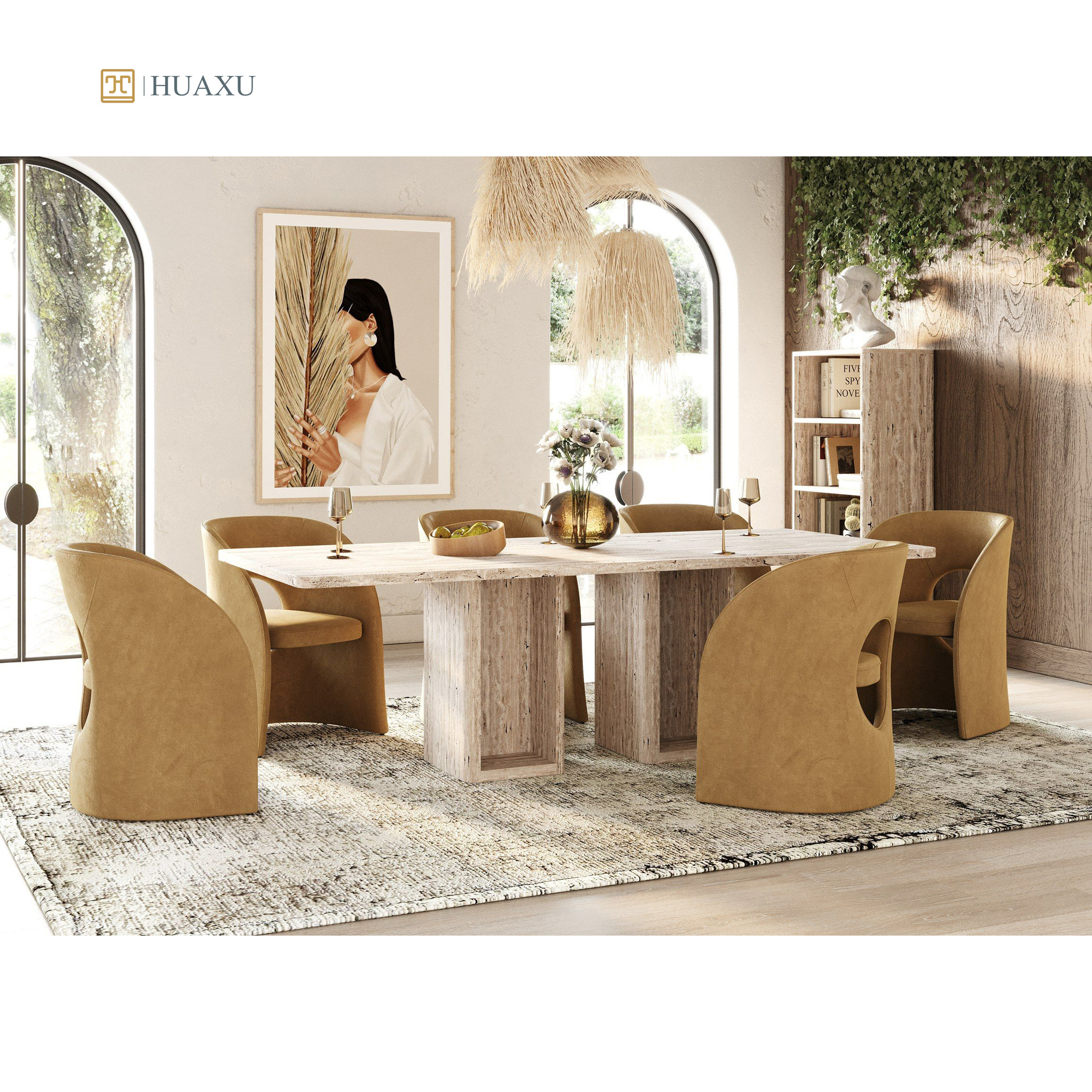 Huaxu 2024 New Design Rome Style Luxury Italy Natural Travertine Marble Stone Rectangle Dining Table