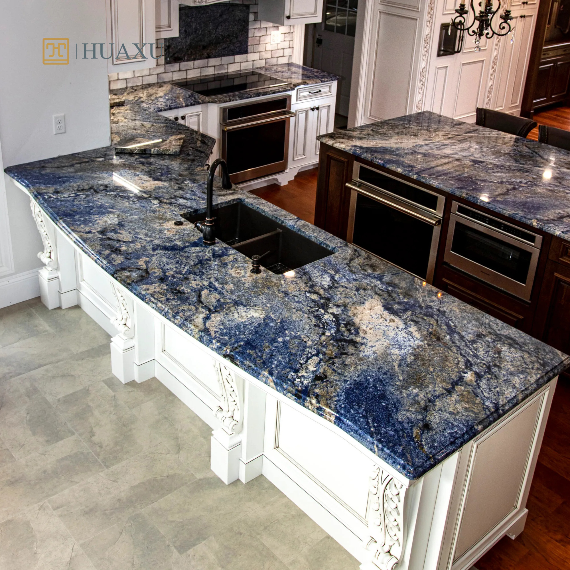 Huaxu Luxury Brazil Exotic Natural Granite Table Top Ocean Blue Azul Bahia Granite Countertop