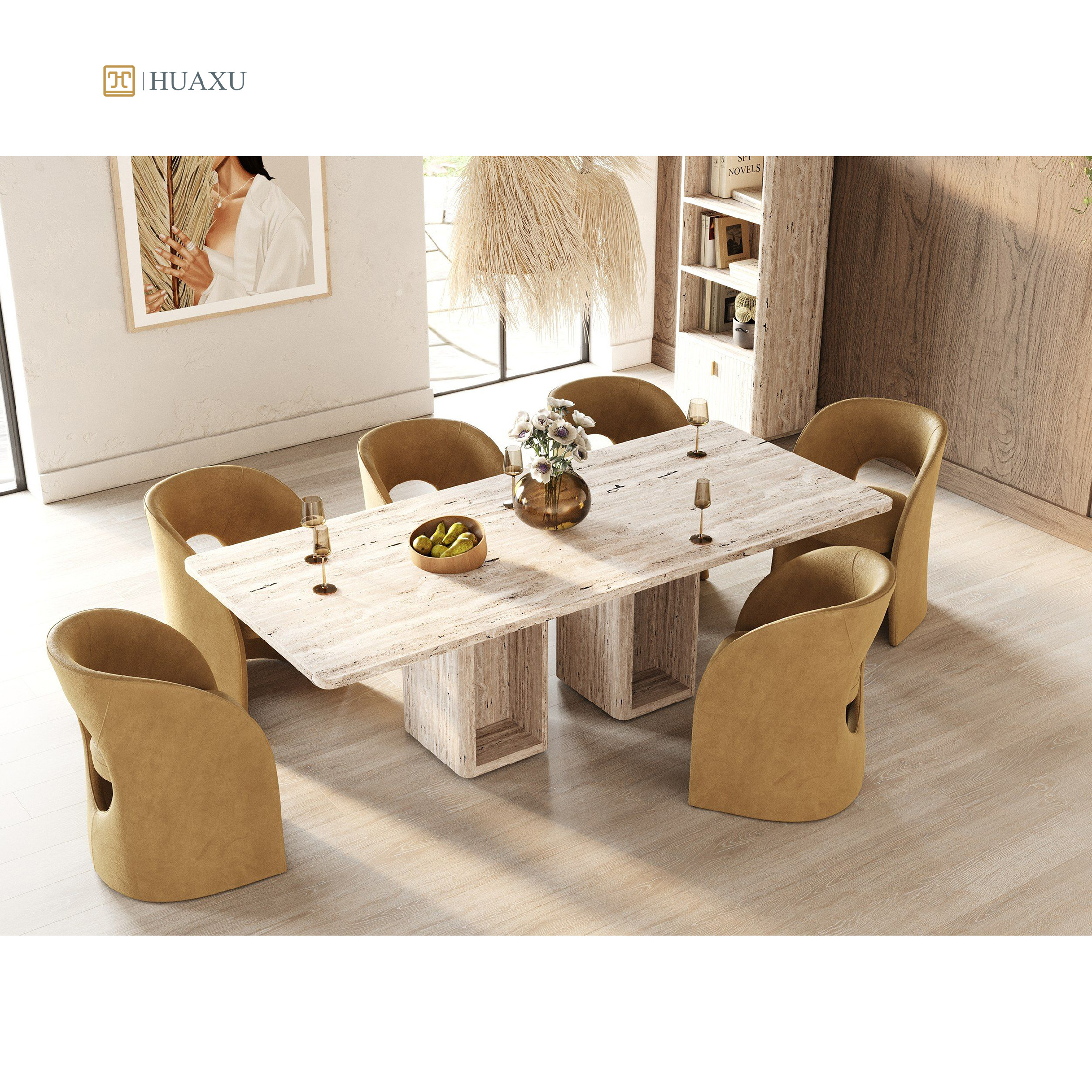 Huaxu 2024 New Design Rome Style Luxury Italy Natural Travertine Marble Stone Rectangle Dining Table