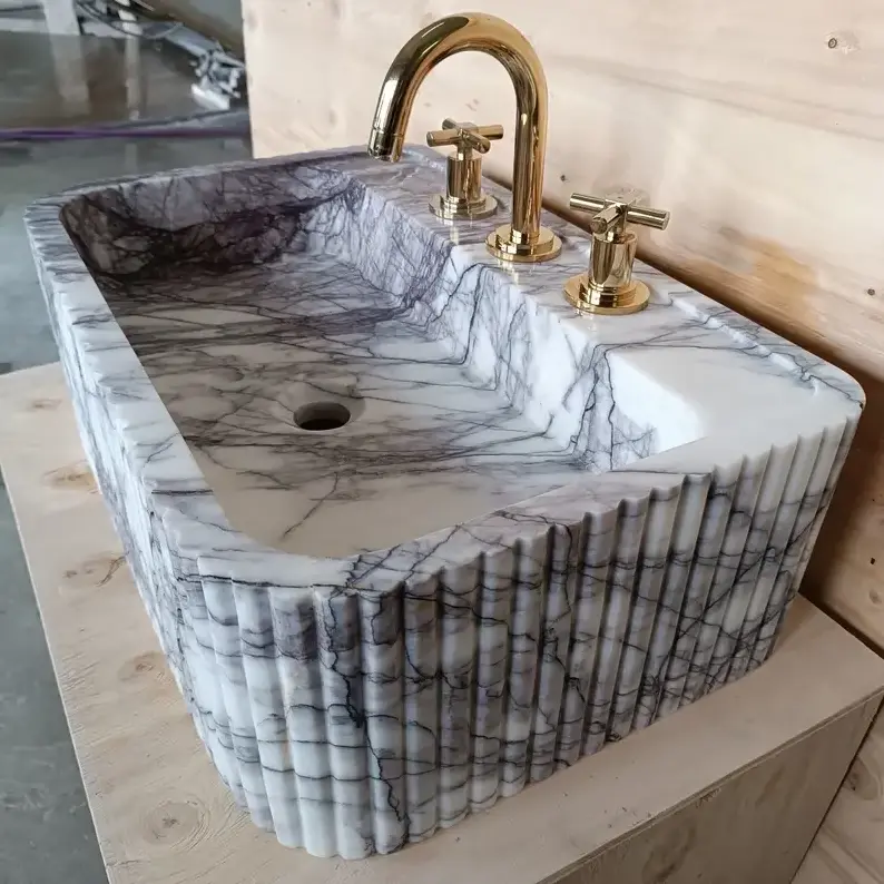 HUAXU Calacatta Viola Marble Double Sink Custom Order Wall Mounted Vanity for Powder Room or Bathroom Wall Mount Bath Washbasin