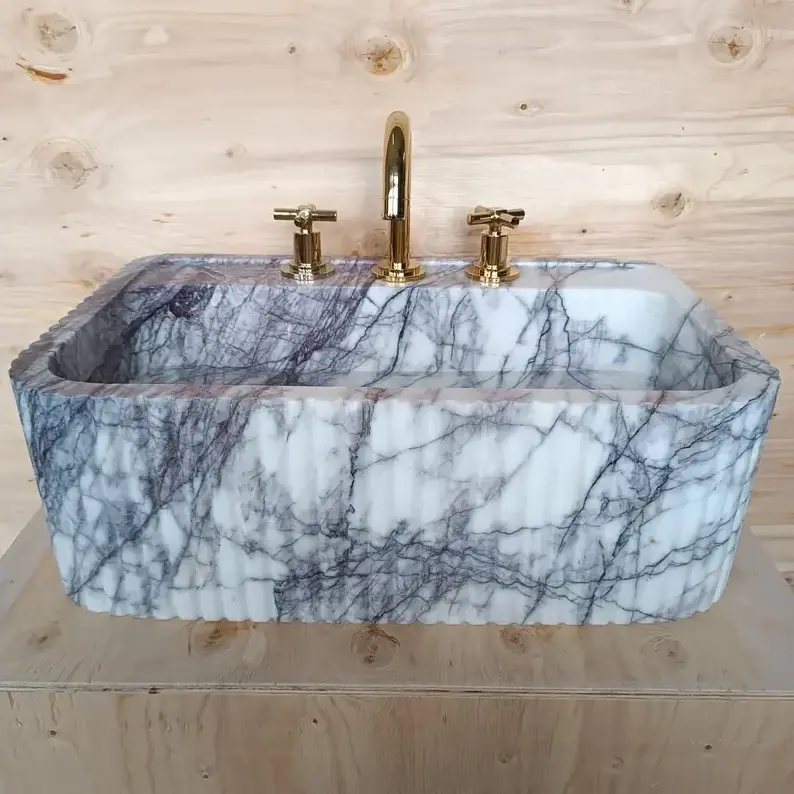 HUAXU Calacatta Viola Marble Double Sink Custom Order Wall Mounted Vanity for Powder Room or Bathroom Wall Mount Bath Washbasin