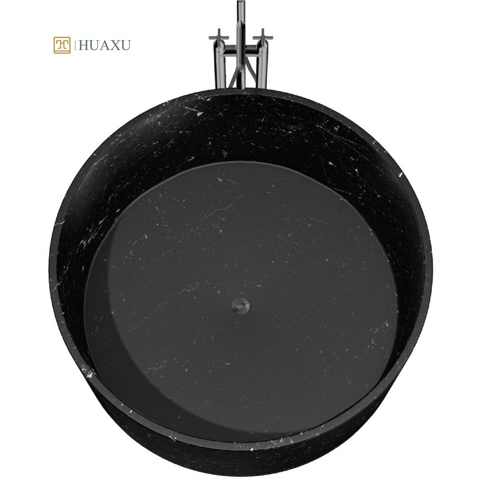 Huaxu Hot Sale Free Standing Round Shape Hand Craved Natural Stone Bath Tub White Veins Black Nero Marquina Marble Bathtub