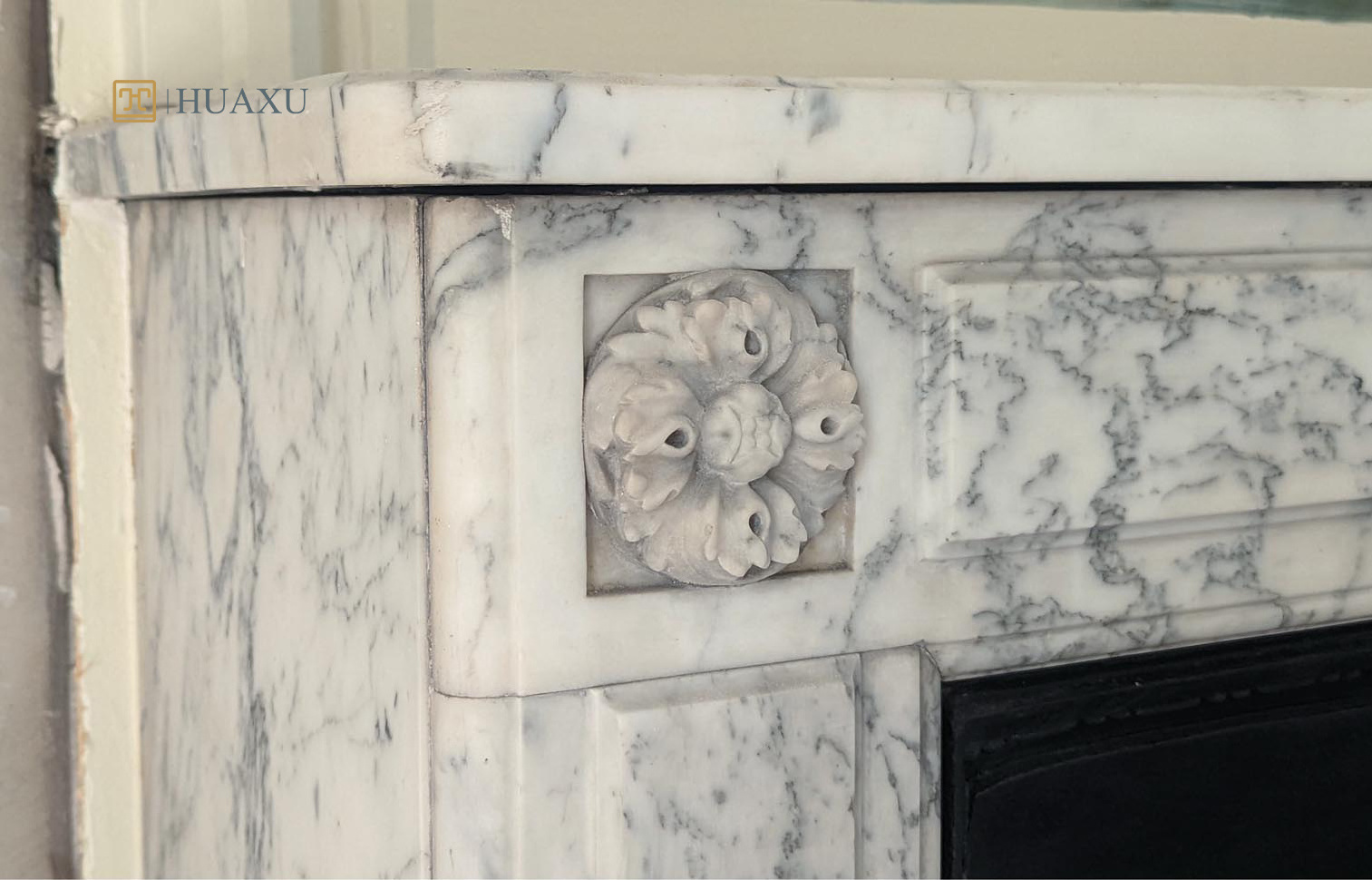 Huaxu Modern Design Hand Carved Natural Stone White Marble Wall Arabescato Marble Fireplace Surround Mantle