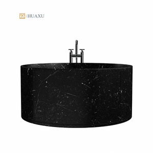 Huaxu Hot Sale Free Standing Round Shape Hand Craved Natural Stone Bath Tub White Veins Black Nero Marquina Marble Bathtub