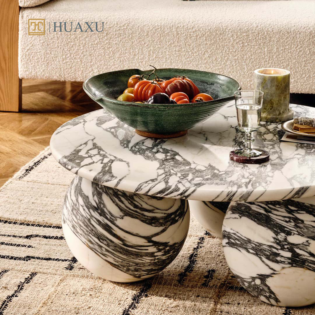 Huaxu Luxury Modern 3 Marble Stone Ball Base Round Arabescato Corchia Marble Coffee Center Table